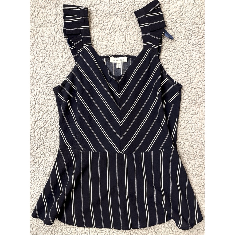 Monteau Large Navy Blue & White Sleeveless Peplum Top.